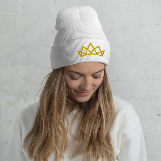 Crown Cuffed Embroidered Beanie - Yellow