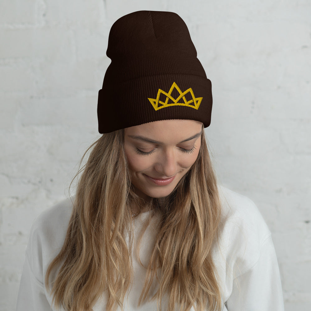 Crown Cuffed Embroidered Beanie - Yellow