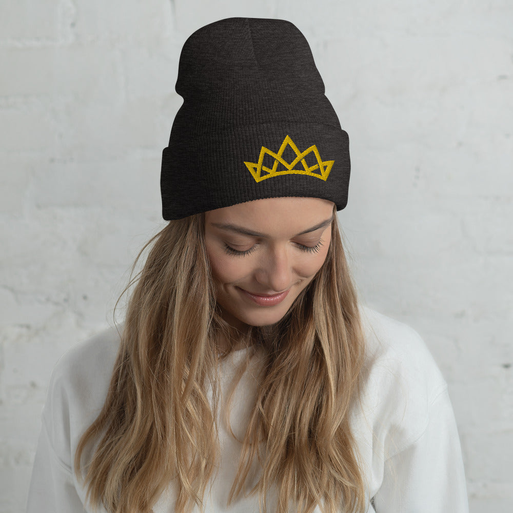 Crown Cuffed Embroidered Beanie - Yellow