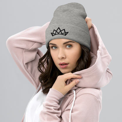 Crown Cuffed Embroidered Beanie - Black