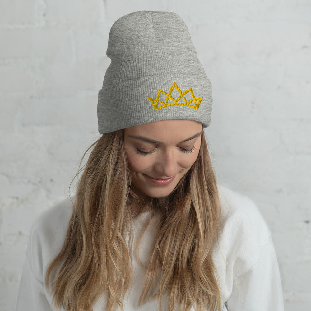 Crown Cuffed Embroidered Beanie - Yellow