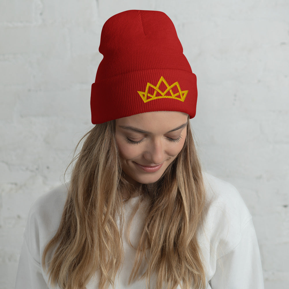 Crown Cuffed Embroidered Beanie - Yellow