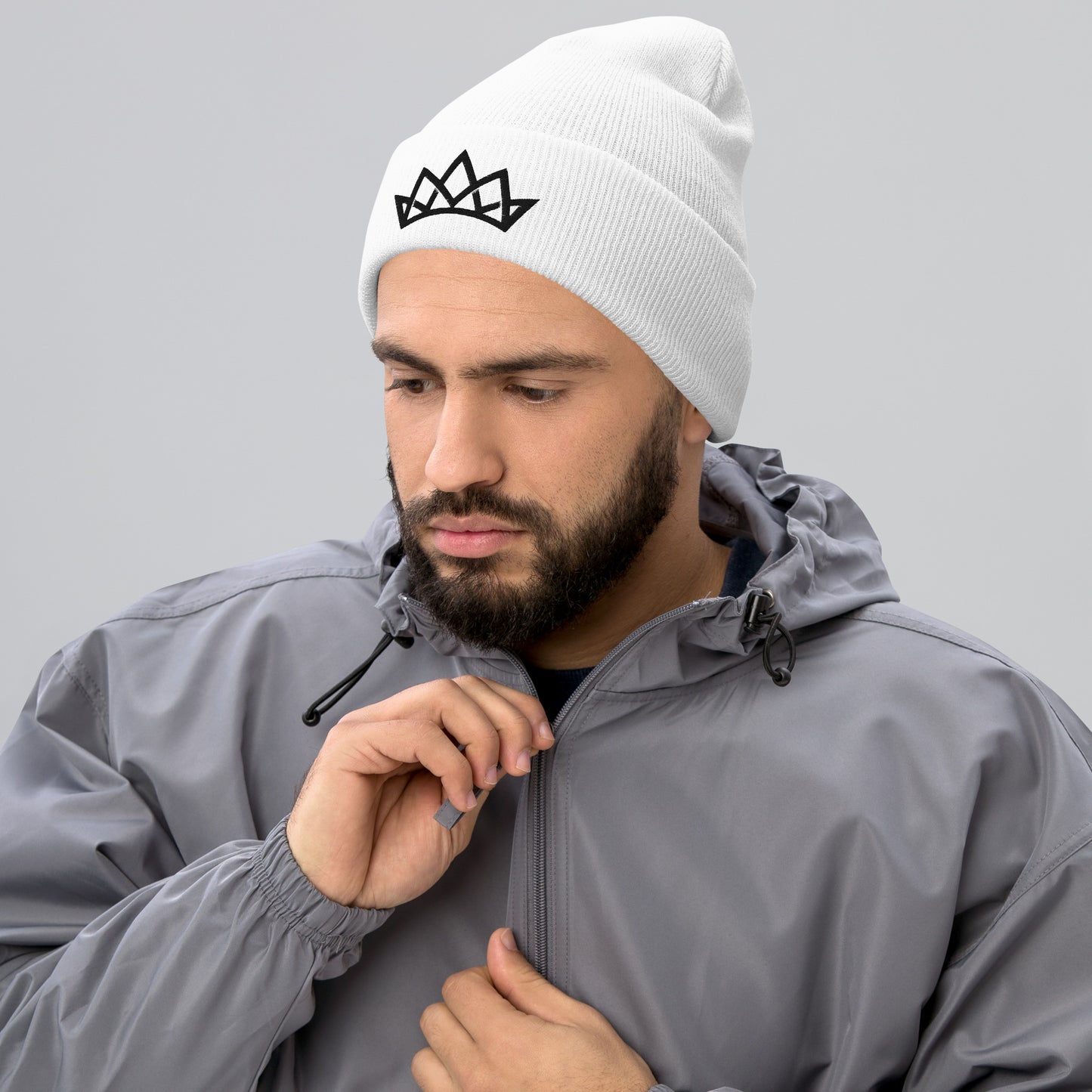 Crown Cuffed Embroidered Beanie - Black